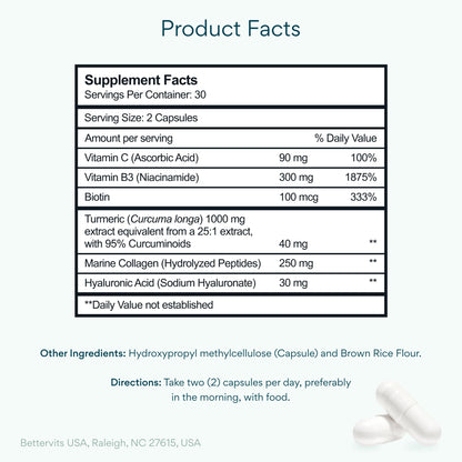 Bettervits Niacinamide Supplement with Vitamin B3, Marine Collagen & Hyaluronic Acid | High-Strength Vitamin B3 Capsules 300 mg. with Turmeric for Energy Metabolism - dailyvitalstore