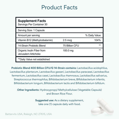Bettervits Probiotics for Women & Men – 75 Billion CFU | Digestive Health and Gut Support Prebiotic | 14 Clinically Studied Strains with Vitamin B12, - dailyvitalstore