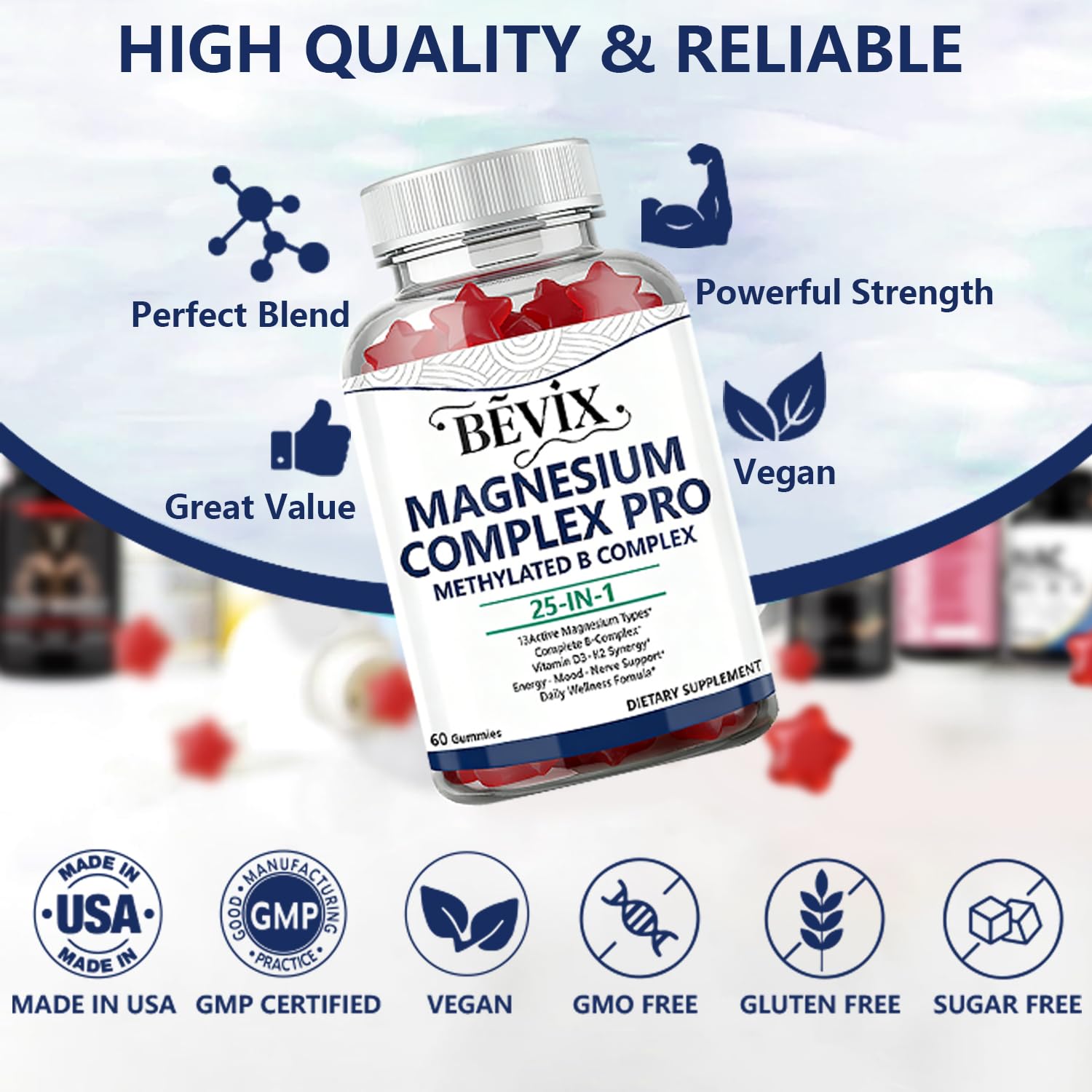 BEVIX Magnesium Complex Gummies with Methylated B Complex Magnesium Glycinate Citrate Malate Taurate Gluconate Aspartate Carbonate D3 K2, Magnesium for Relaxation Energy & Nerve, 60 Gummies - dailyvitalstore