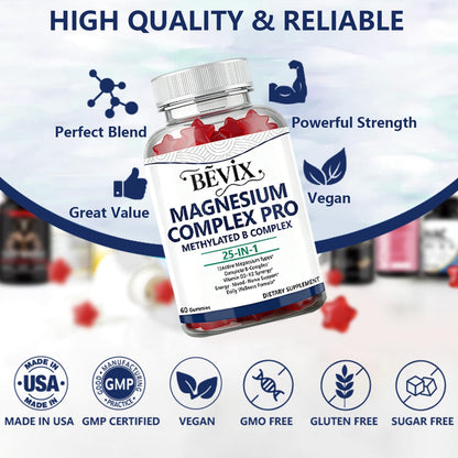 BEVIX Magnesium Complex Gummies with Methylated B Complex Magnesium Glycinate Citrate Malate Taurate Gluconate Aspartate Carbonate D3 K2, Magnesium for Relaxation Energy & Nerve, 60 Gummies - dailyvitalstore