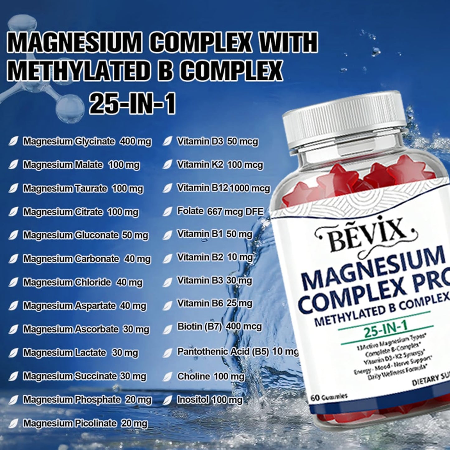BEVIX Magnesium Complex Gummies with Methylated B Complex Magnesium Glycinate Citrate Malate Taurate Gluconate Aspartate Carbonate D3 K2, Magnesium for Relaxation Energy & Nerve, 60 Gummies - dailyvitalstore
