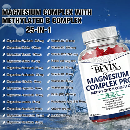 BEVIX Magnesium Complex Gummies with Methylated B Complex Magnesium Glycinate Citrate Malate Taurate Gluconate Aspartate Carbonate D3 K2, Magnesium for Relaxation Energy & Nerve, 60 Gummies - dailyvitalstore