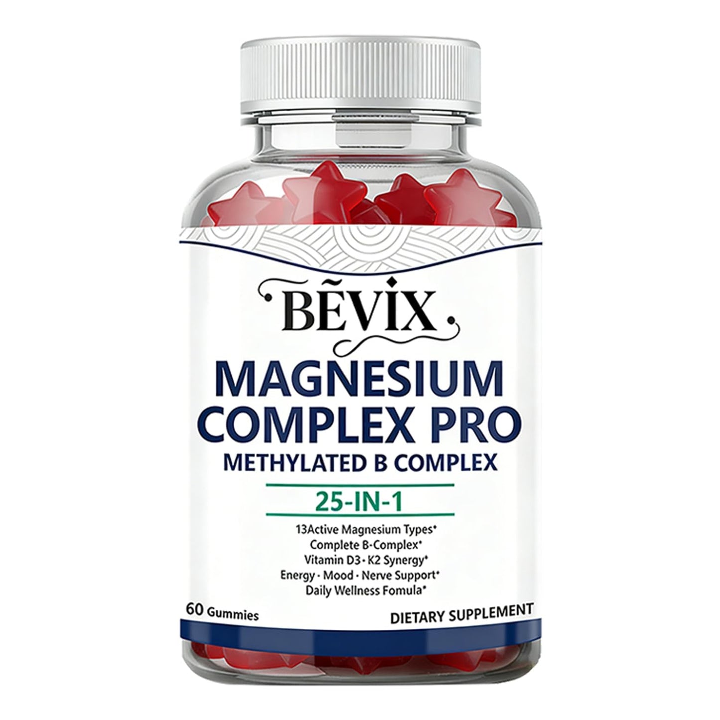 BEVIX Magnesium Complex Gummies with Methylated B Complex Magnesium Glycinate Citrate Malate Taurate Gluconate Aspartate Carbonate D3 K2, Magnesium for Relaxation Energy & Nerve, 60 Gummies - dailyvitalstore