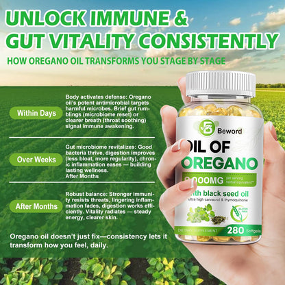 BEWORD Oil of Oregano with Black Seed Oil, 280 Softgels, 9000mg Per Serving – 2-in-1 Oregano Supplement for Immune Health with High Carvacrol & Thymoquinone | Plant-Based, Non-GMO - dailyvitalstore