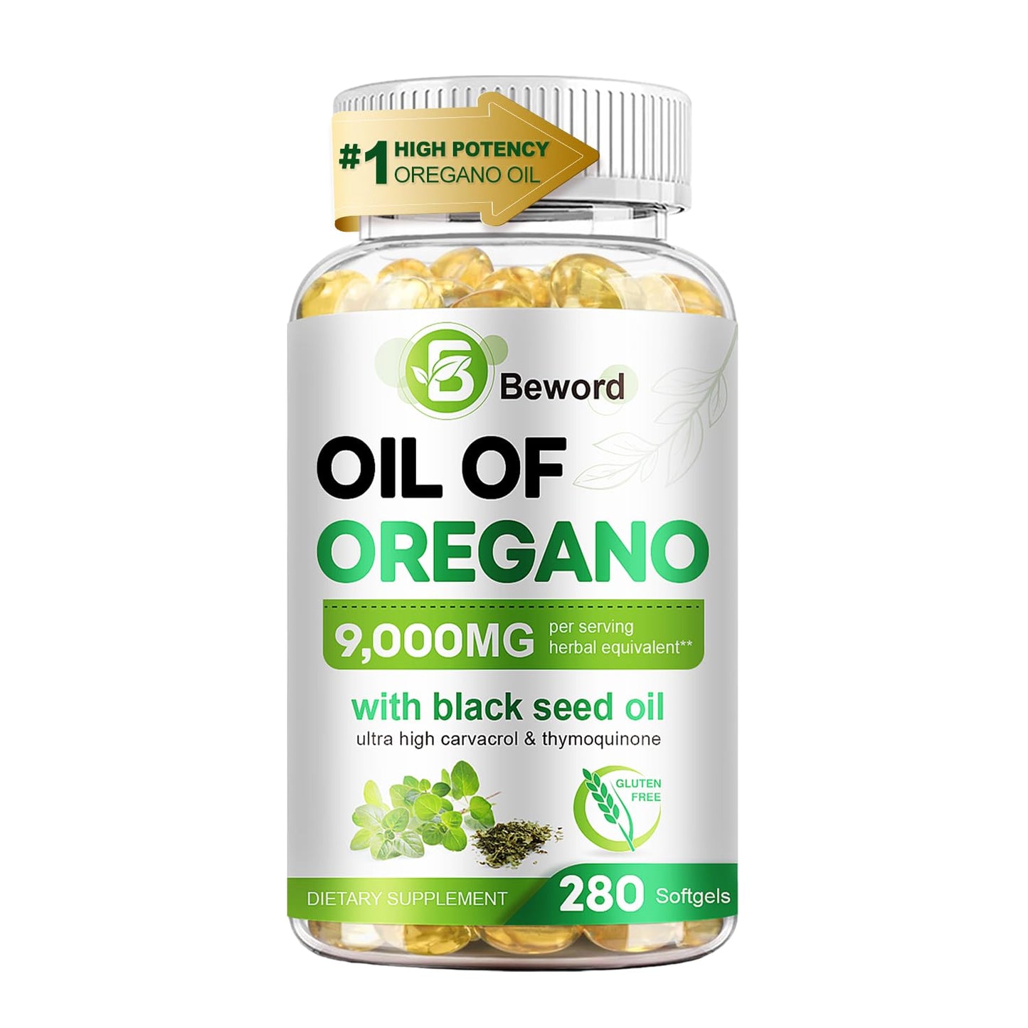BEWORD Oil of Oregano with Black Seed Oil, 280 Softgels, 9000mg Per Serving – 2-in-1 Oregano Supplement for Immune Health with High Carvacrol & Thymoquinone | Plant-Based, Non-GMO - dailyvitalstore