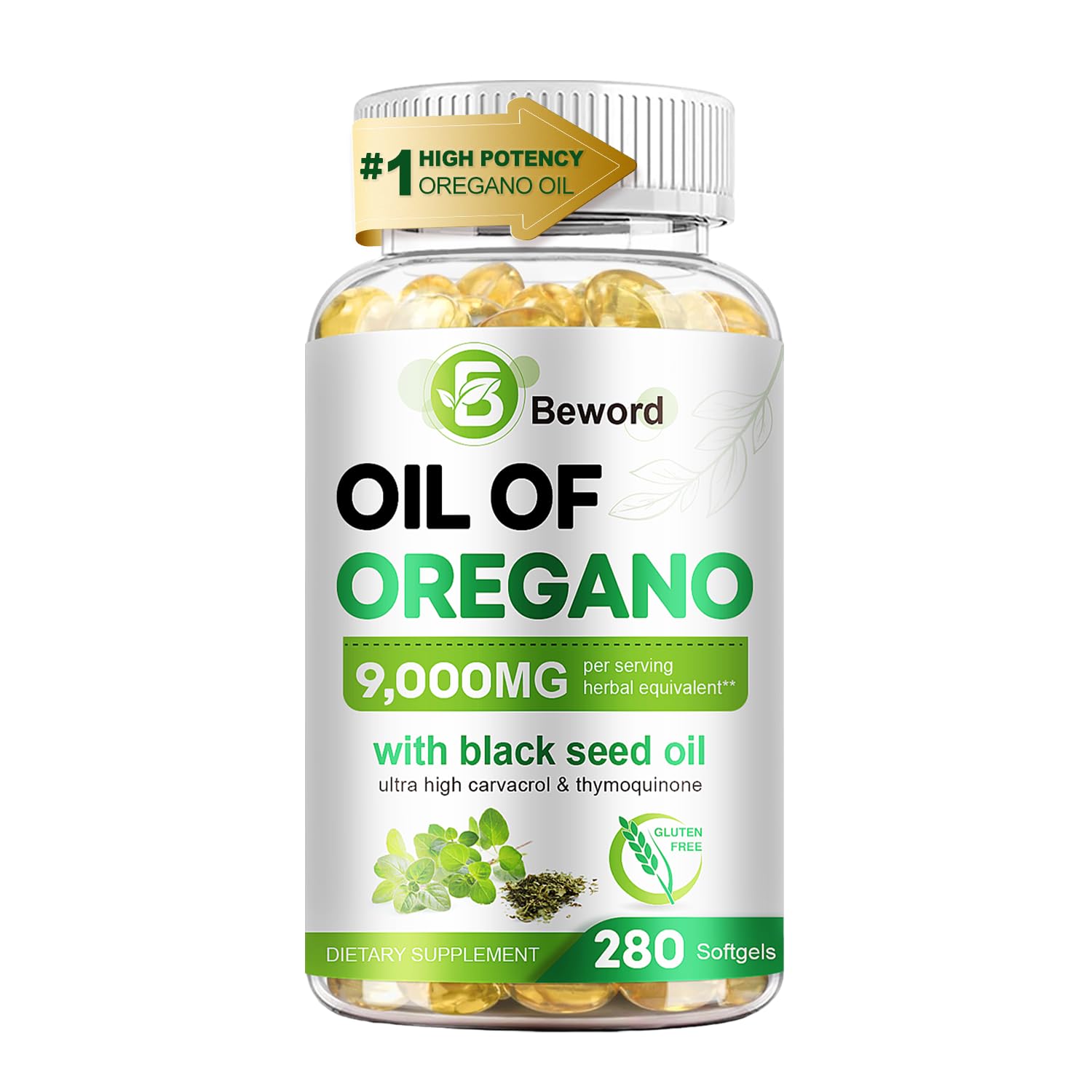 BEWORD Oil of Oregano with Black Seed Oil, 280 Softgels, 9000mg Per Serving – 2-in-1 Oregano Supplement for Immune Health with High Carvacrol & Thymoquinone | Plant-Based, Non-GMO - dailyvitalstore