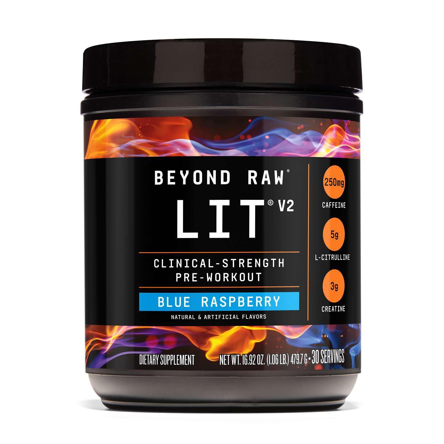 BEYOND RAW LIT V2 Clinical Strength Pre Workout Powder, Hits Harder, Bigger Pumps, Caffeine, L-Citrulline, Creatine, Blue Raspberry, 30 Servings - dailyvitalstore