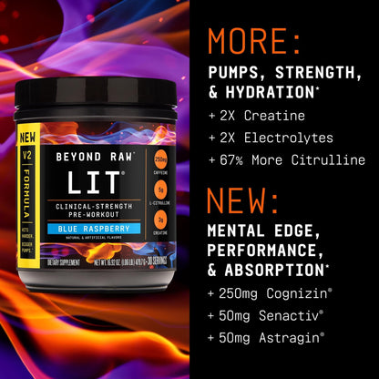 BEYOND RAW LIT V2 Clinical Strength Pre Workout Powder, Hits Harder, Bigger Pumps, Caffeine, L-Citrulline, Creatine, Blue Raspberry, 30 Servings - dailyvitalstore