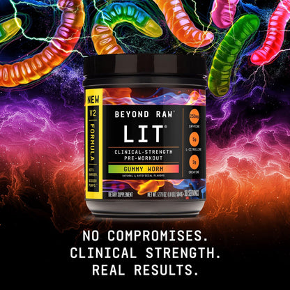 BEYOND RAW LIT V2 Clinical Strength Pre Workout Powder, Hits Harder, Bigger Pumps, Caffeine, L-Citrulline, Creatine, Gummy Worm, 30 Servings - dailyvitalstore