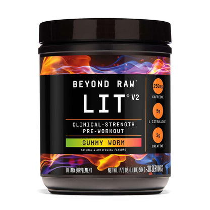 BEYOND RAW LIT V2 Clinical Strength Pre Workout Powder, Hits Harder, Bigger Pumps, Caffeine, L-Citrulline, Creatine, Gummy Worm, 30 Servings - dailyvitalstore