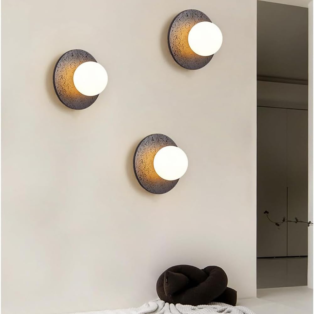 BFFGKGL Modern Natural Black Travertine Hallway Wall Sconce Nordic Creativity Round Transmittance Glass Bedside Wall Light Japanese Minimalist Aisle Wall Lamp For Living Room Stairs Living Room Balcon - dailyvitalstore