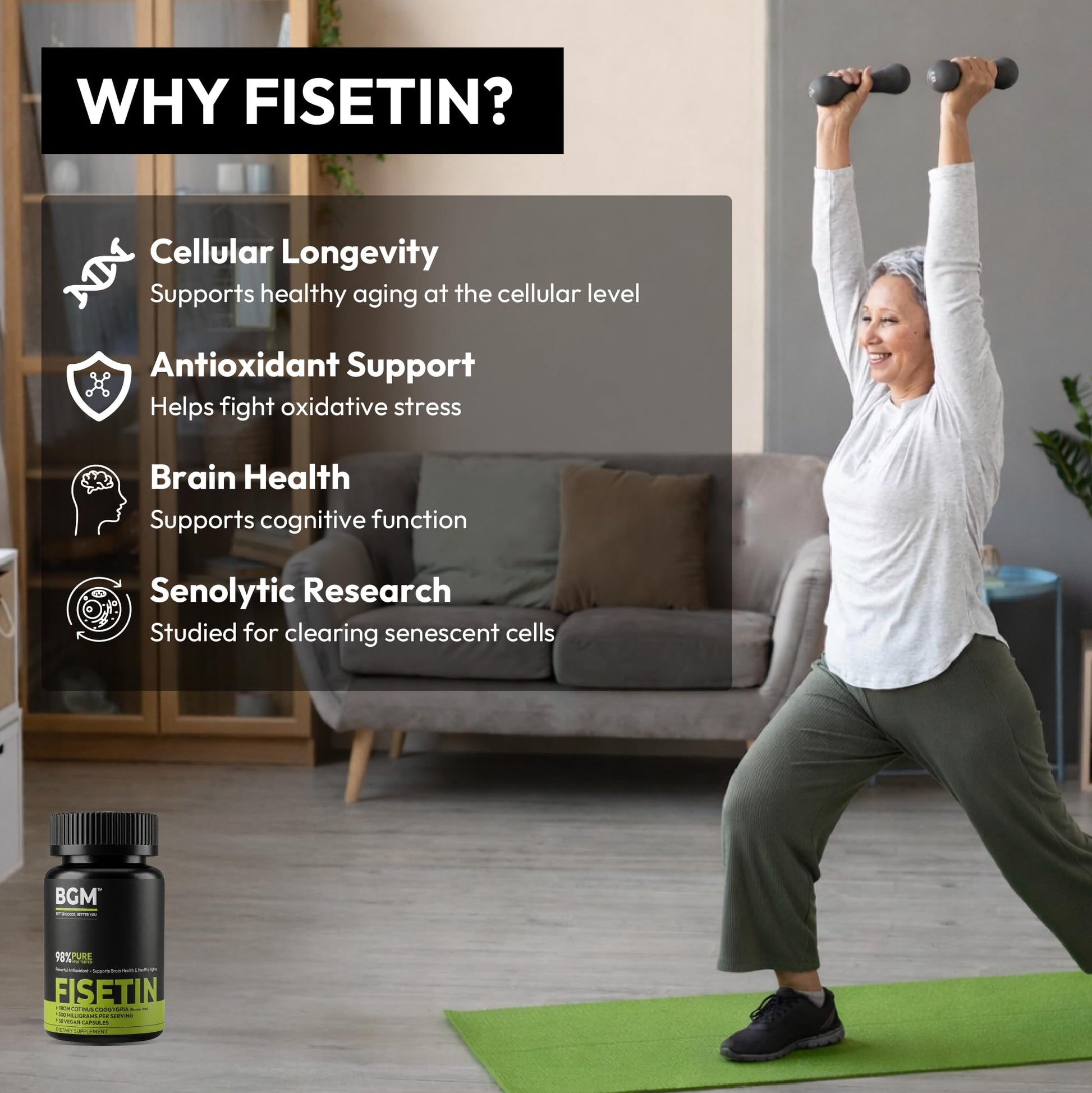 BGM Fisetin 500mg Supplement | Smoke Tree Extract (Cotinus coggygria) | 98% Pure Senolytic Antioxidant | Vegan Capsules | Supports Brain Health & Healthy Aging - dailyvitalstore