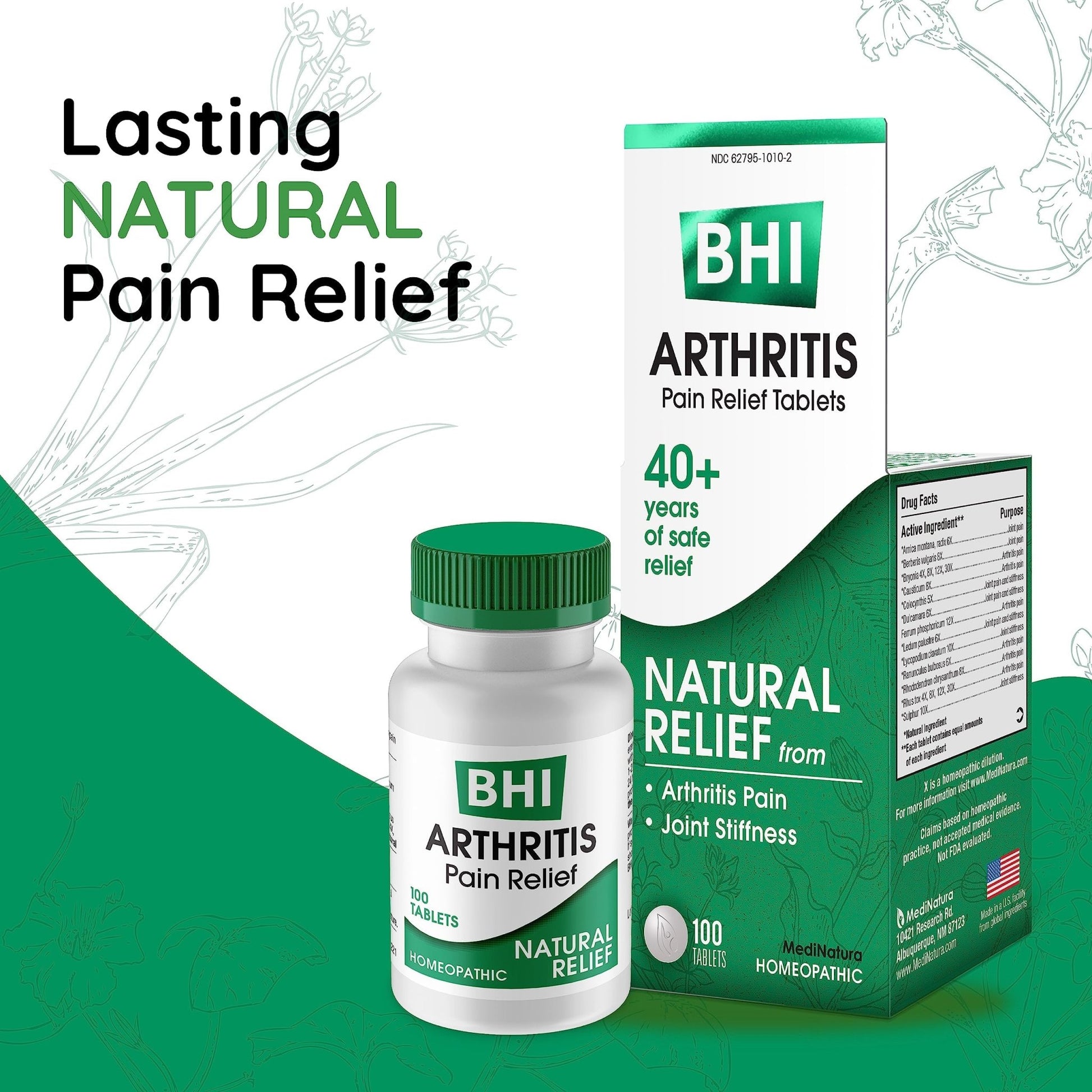 BHI Arthritis Pain Relief Daily Joint Health Support Arnica + 13 Natural Actives Homeopathic Plant & Mineral Blend Helps Relieve Minor Pain & Stiffness in Joints for Women & Men - 100 Tablets - dailyvitalstore