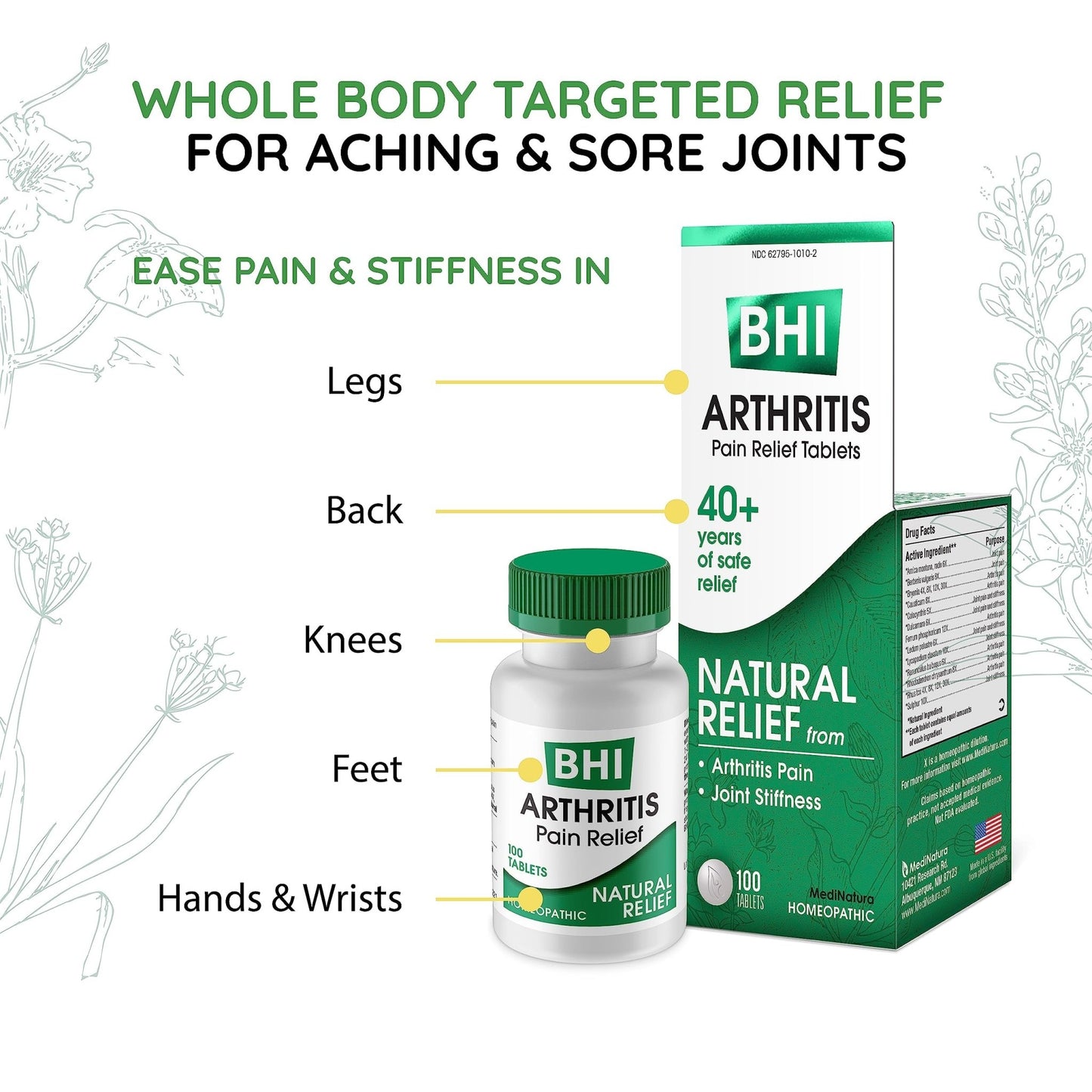 BHI Arthritis Pain Relief Daily Joint Health Support Arnica + 13 Natural Actives Homeopathic Plant & Mineral Blend Helps Relieve Minor Pain & Stiffness in Joints for Women & Men - 100 Tablets - dailyvitalstore