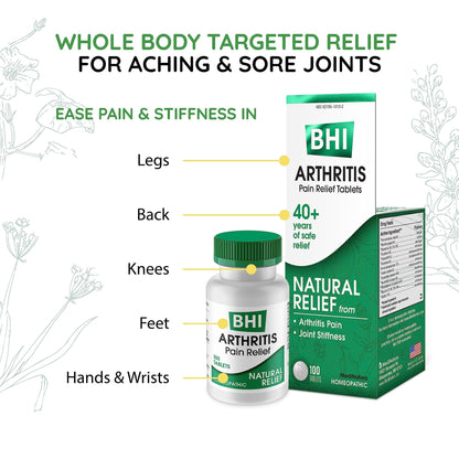 BHI Arthritis Pain Relief Daily Joint Health Support Arnica + 13 Natural Actives Homeopathic Plant & Mineral Blend Helps Relieve Minor Pain & Stiffness in Joints for Women & Men - 100 Tablets - dailyvitalstore