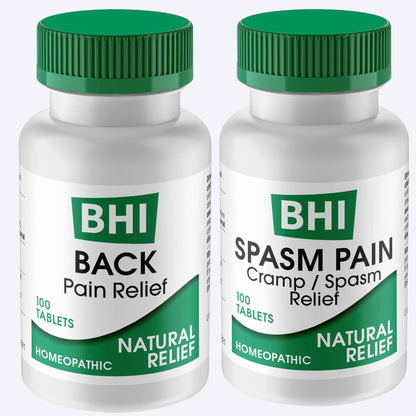 BHI Pain & Spasm Bundle BHI Back Homeopathic Support for Back Pain (100 Tablets) +BHI Spasm, Natural Relief for Cramps & Spasms, Homeopathic Medicine (100 Tablets) - dailyvitalstore