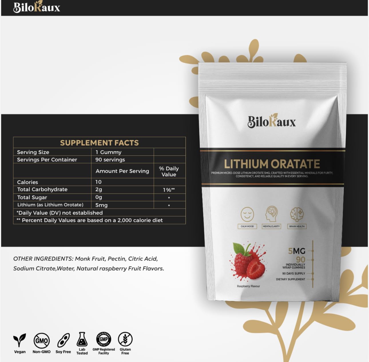 BiloRaux Lithium Orotate 5mg Gummies – Premium Microdose Lithium Supplement for Calm Balance & Focus – Natural Raspberry Flavour – 90 Vegan Gummies - dailyvitalstore