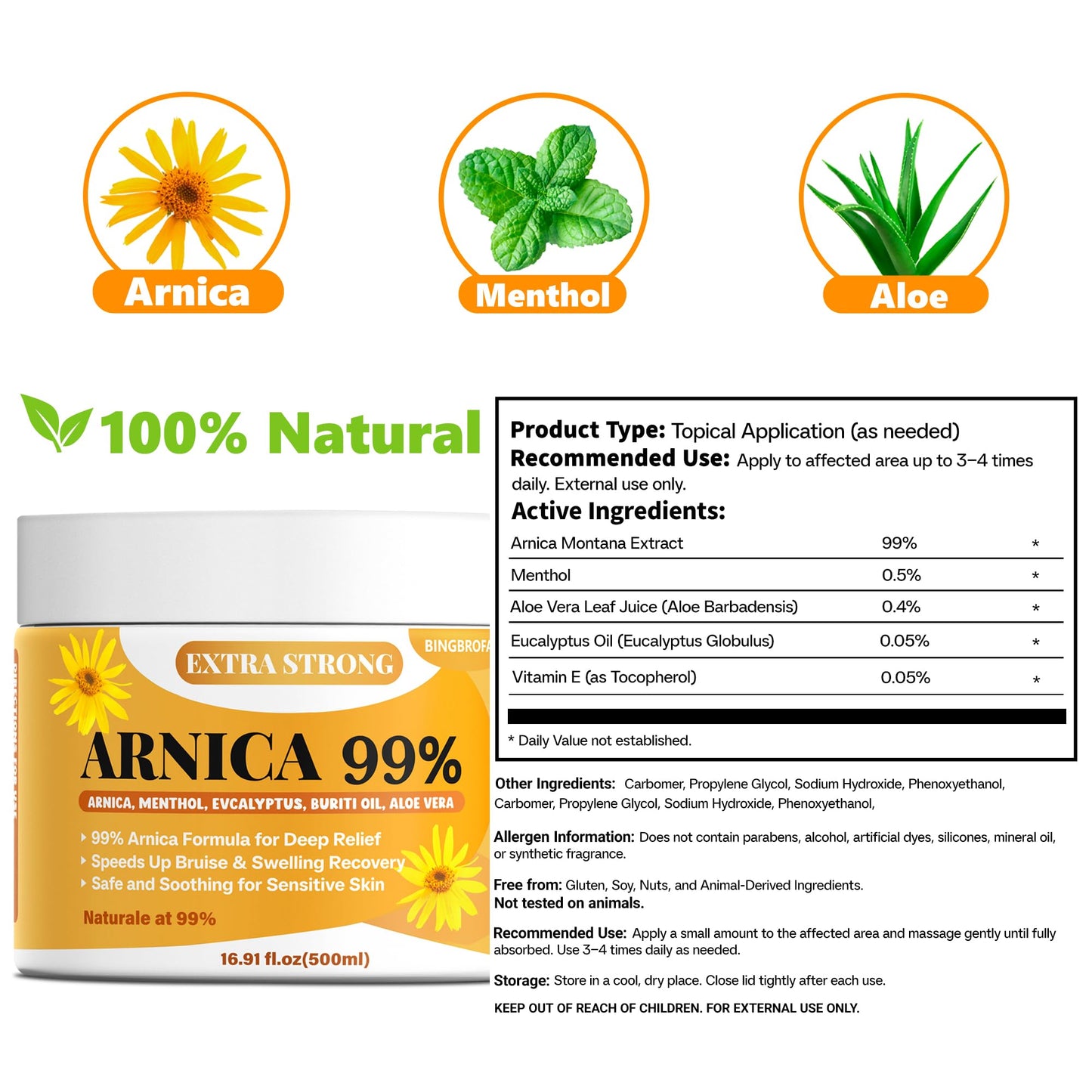 Bingbrofam Arnica Cream 99% Extra Strength Gel Pain Relief for Fast Healing Thin Skin, Seniors Bruises with Menthol, Swelling, Soothing Massage, 16.9 Oz - dailyvitalstore