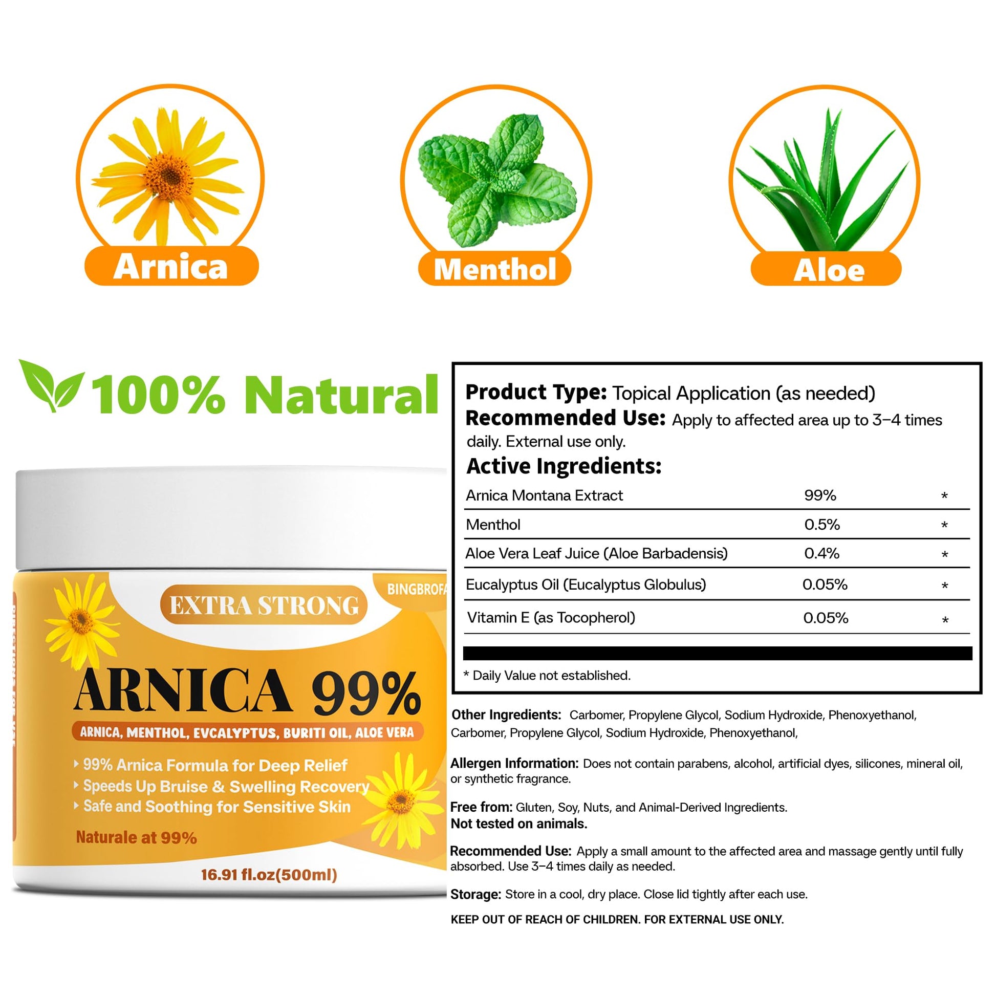 Bingbrofam Arnica Cream 99% Extra Strength Gel Pain Relief for Fast Healing Thin Skin, Seniors Bruises with Menthol, Swelling, Soothing Massage, 16.9 Oz - dailyvitalstore