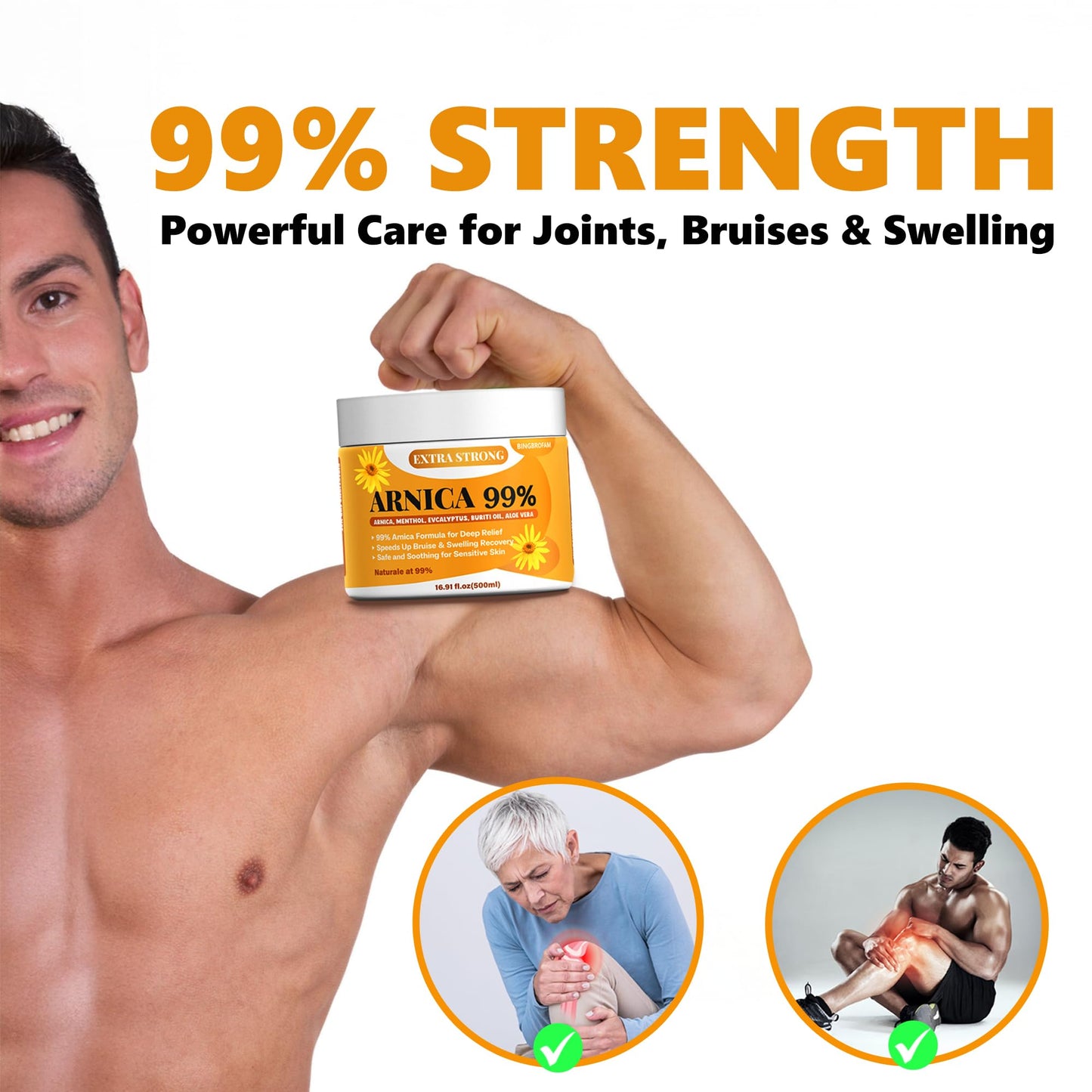 Bingbrofam Arnica Cream 99% Extra Strength Gel Pain Relief for Fast Healing Thin Skin, Seniors Bruises with Menthol, Swelling, Soothing Massage, 16.9 Oz - dailyvitalstore