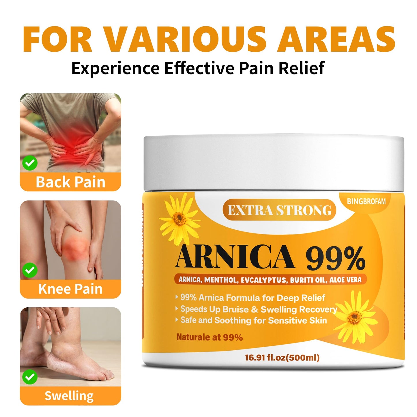 Bingbrofam Arnica Cream 99% Extra Strength Gel Pain Relief for Fast Healing Thin Skin, Seniors Bruises with Menthol, Swelling, Soothing Massage, 16.9 Oz - dailyvitalstore