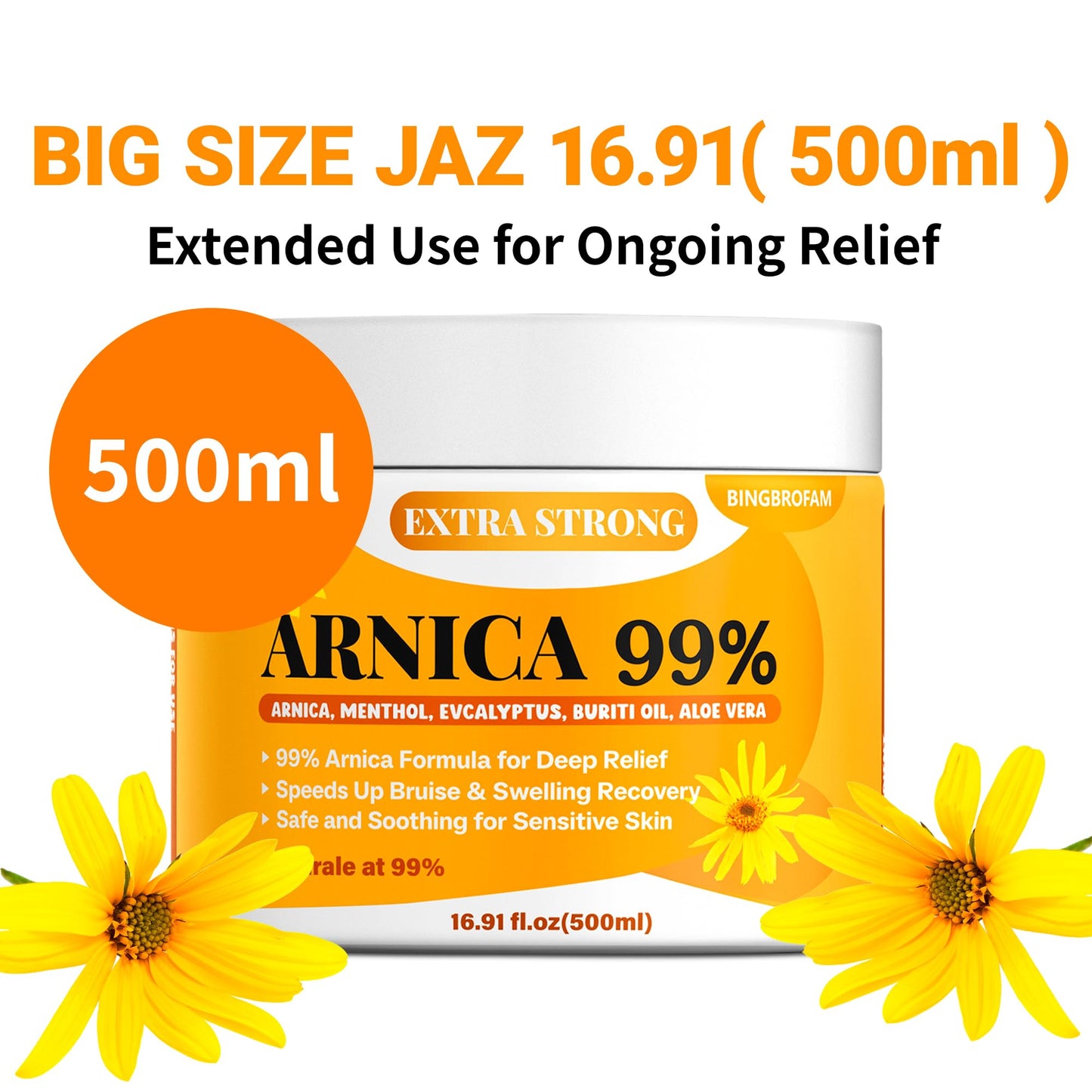 Bingbrofam Arnica Cream 99% Extra Strength Gel Pain Relief for Fast Healing Thin Skin, Seniors Bruises with Menthol, Swelling, Soothing Massage, 16.9 Oz - dailyvitalstore