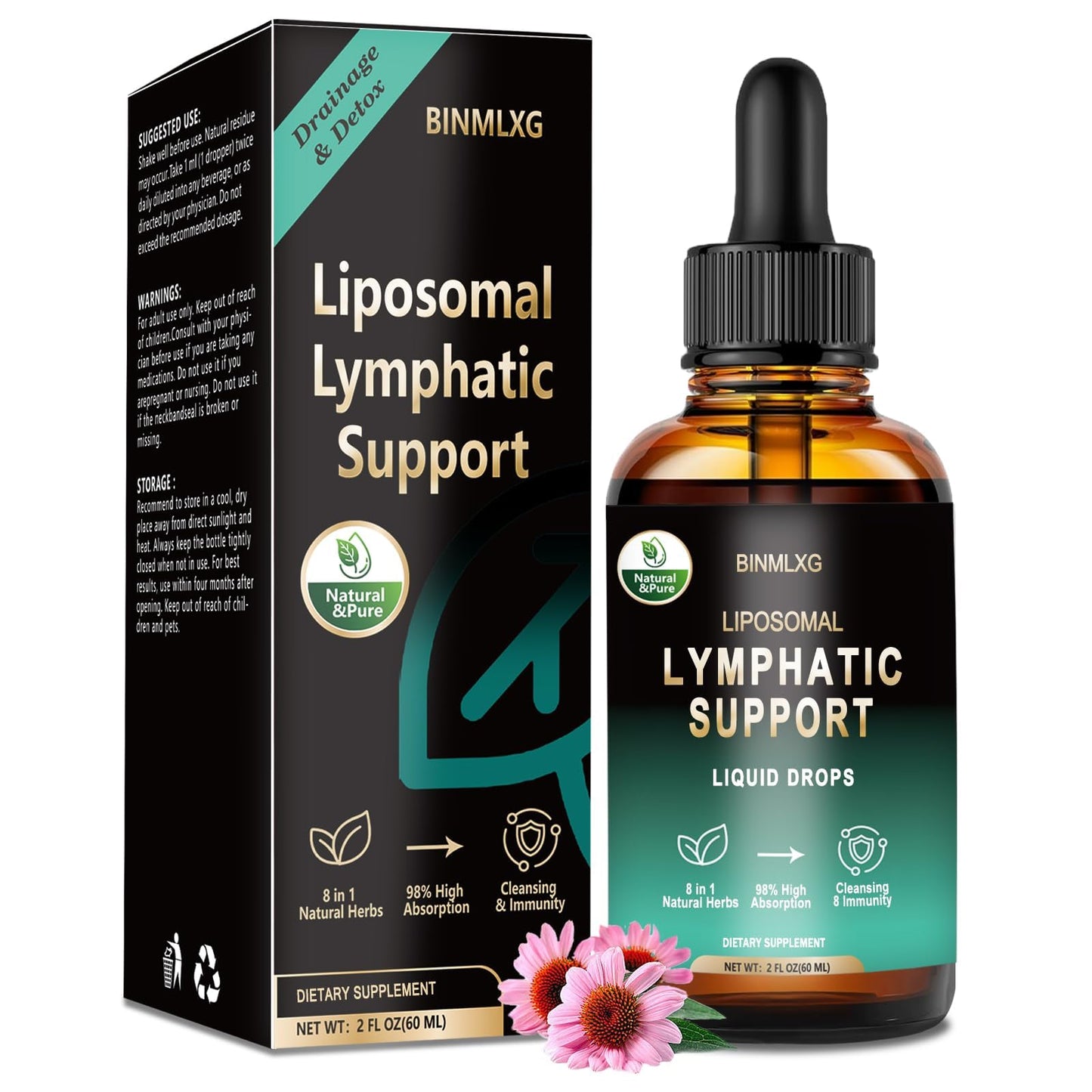 BINMLXG Liposomal Lymphatic Drainage Drops, 8-Herb Formula with Echinacea, Elderberry, Burdock Root Blend, for Lymphatic Drainage, Immune Support, Cleanse & Detox, 2 Fl Oz - dailyvitalstore