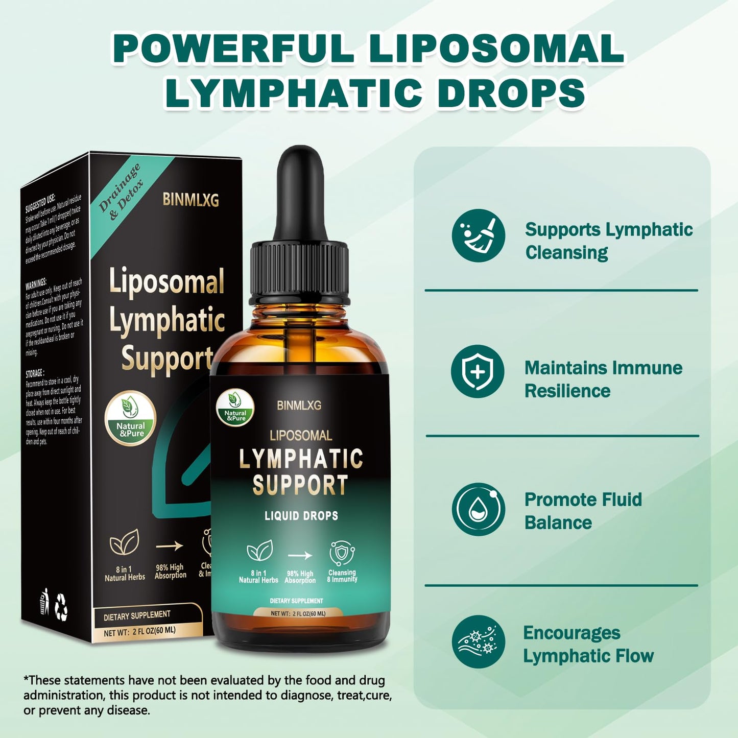 BINMLXG Liposomal Lymphatic Drainage Drops, 8-Herb Formula with Echinacea, Elderberry, Burdock Root Blend, for Lymphatic Drainage, Immune Support, Cleanse & Detox, 2 Fl Oz - dailyvitalstore