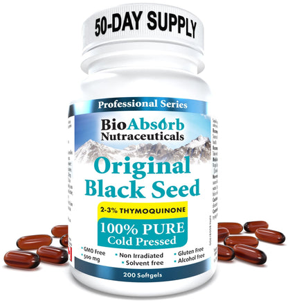 Bio Absorb Black Seed Oil Cold Pressed Capsules. 200 softgels, 500mg (50-Day Supply). No Aftertaste. - dailyvitalstore