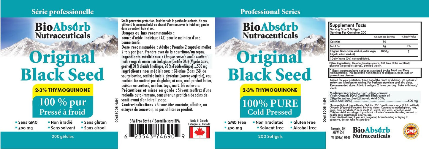Bio Absorb Black Seed Oil Cold Pressed Capsules. 200 softgels, 500mg (50-Day Supply). No Aftertaste. - dailyvitalstore