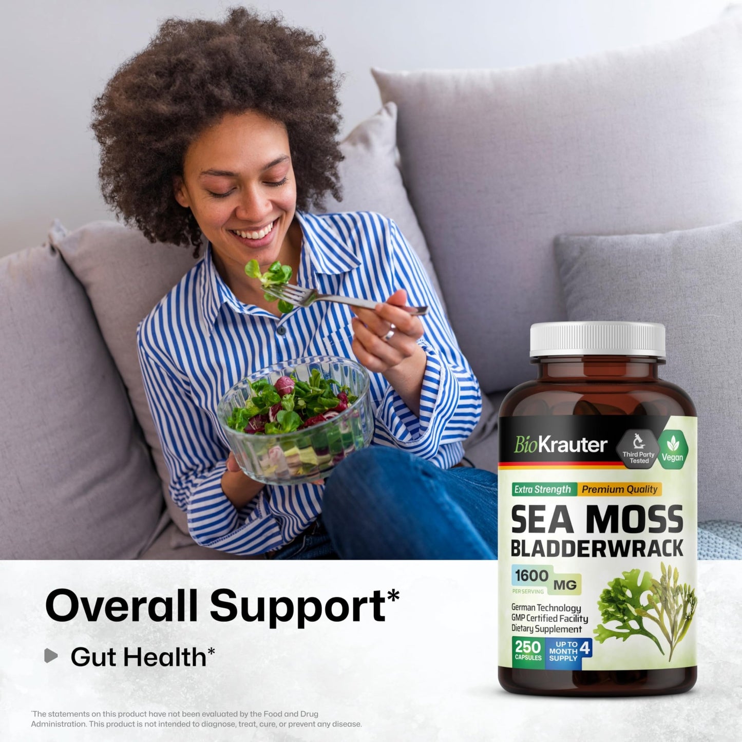 BIO KRAUTER® 2-in-1 Sea Moss for Thyroid Support - Vegan Bladderwrack & Sea Moss Capsules for Women & Men - Natural Сhondrus Сrispus Seaweed Supplement 1600 mg - 125 Days of Supply, Non-GMO - dailyvitalstore