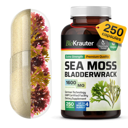 BIO KRAUTER® 2-in-1 Sea Moss for Thyroid Support - Vegan Bladderwrack & Sea Moss Capsules for Women & Men - Natural Сhondrus Сrispus Seaweed Supplement 1600 mg - 125 Days of Supply, Non-GMO - dailyvitalstore