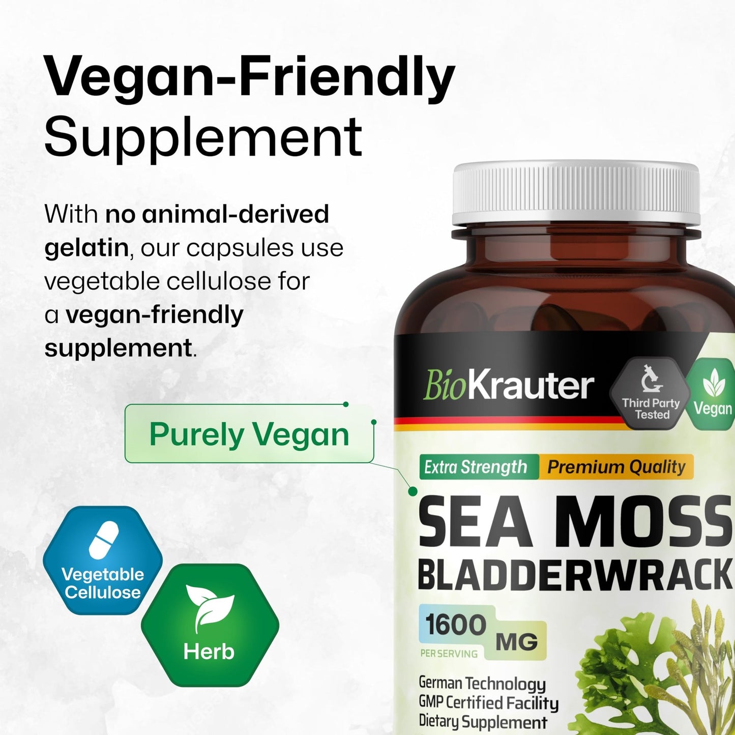 BIO KRAUTER® 2-in-1 Sea Moss for Thyroid Support - Vegan Bladderwrack & Sea Moss Capsules for Women & Men - Natural Сhondrus Сrispus Seaweed Supplement 1600 mg - 125 Days of Supply, Non-GMO - dailyvitalstore
