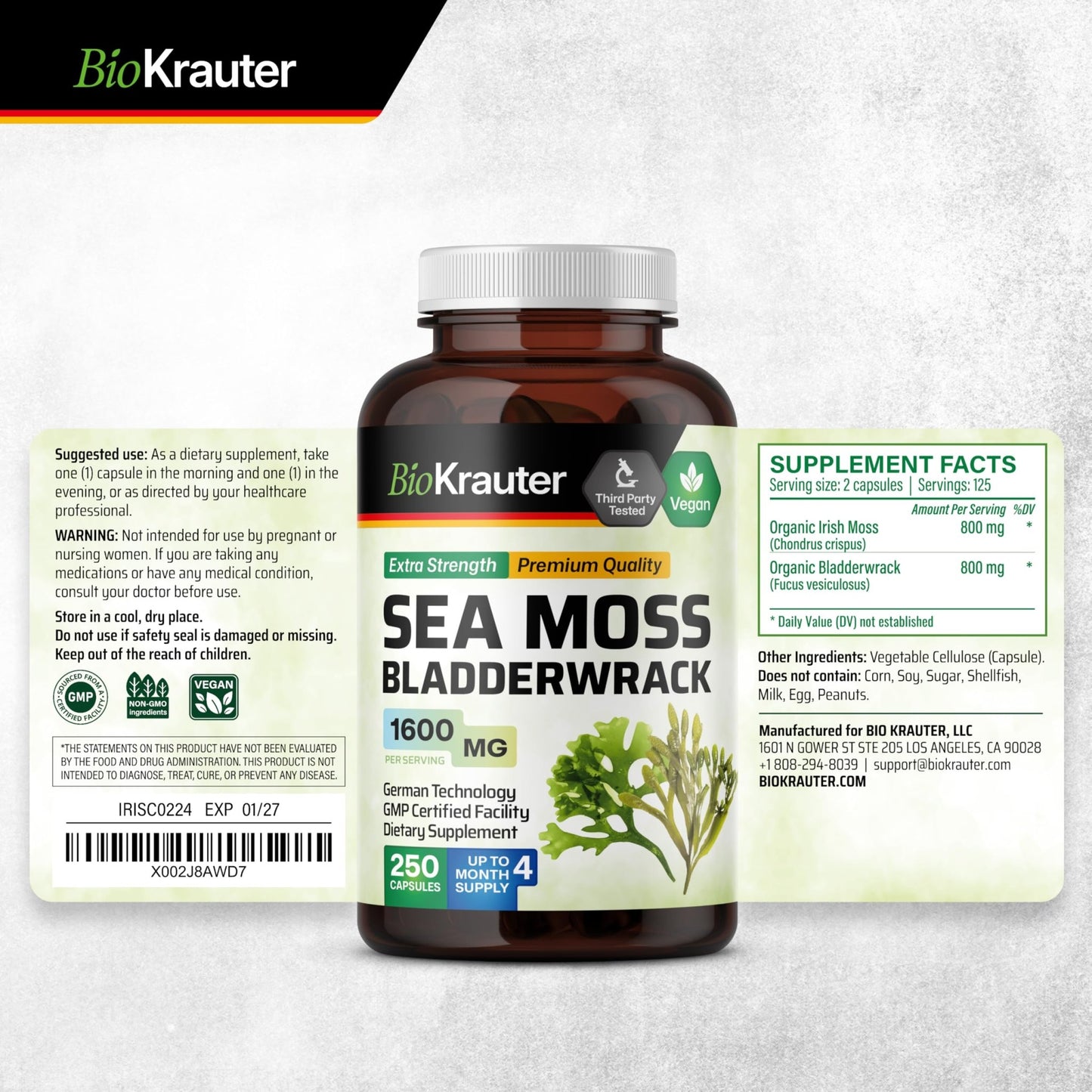 BIO KRAUTER® 2-in-1 Sea Moss for Thyroid Support - Vegan Bladderwrack & Sea Moss Capsules for Women & Men - Natural Сhondrus Сrispus Seaweed Supplement 1600 mg - 125 Days of Supply, Non-GMO - dailyvitalstore