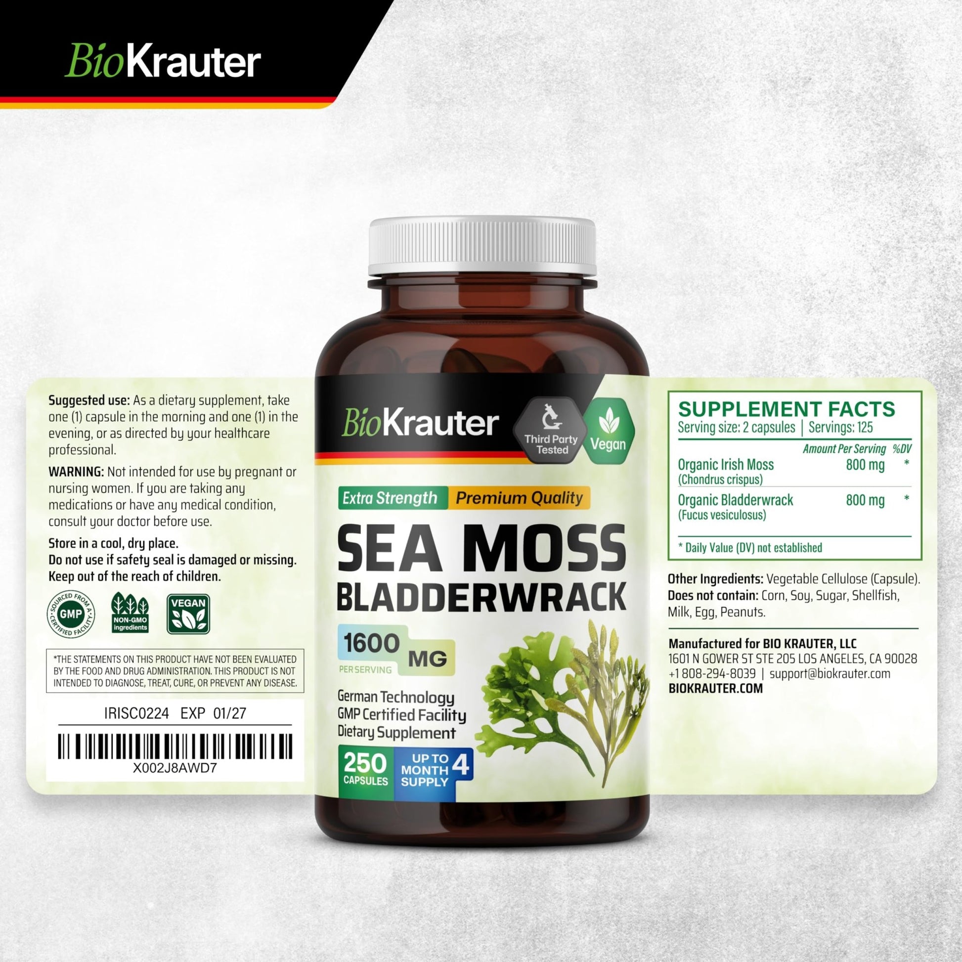 BIO KRAUTER® 2-in-1 Sea Moss for Thyroid Support - Vegan Bladderwrack & Sea Moss Capsules for Women & Men - Natural Сhondrus Сrispus Seaweed Supplement 1600 mg - 125 Days of Supply, Non-GMO - dailyvitalstore