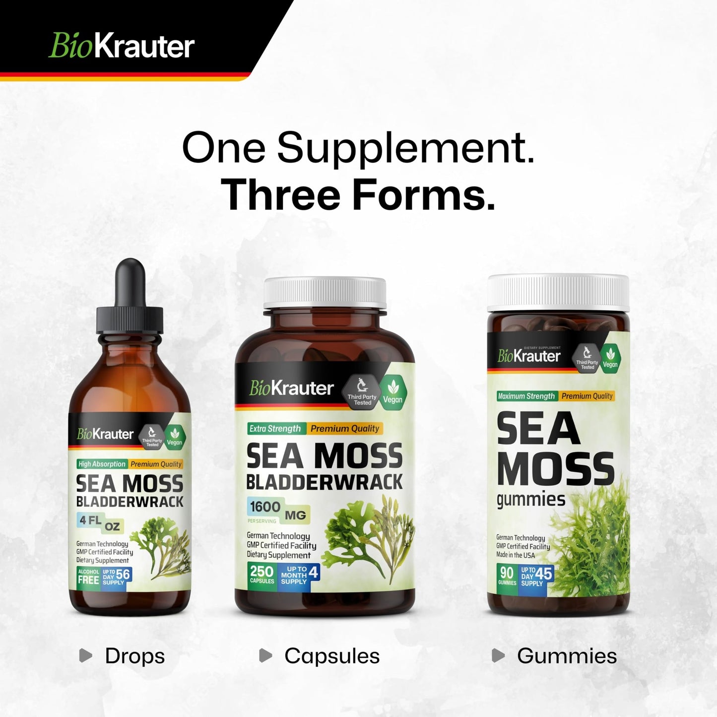 BIO KRAUTER® 2-in-1 Sea Moss for Thyroid Support - Vegan Bladderwrack & Sea Moss Capsules for Women & Men - Natural Сhondrus Сrispus Seaweed Supplement 1600 mg - 125 Days of Supply, Non-GMO - dailyvitalstore
