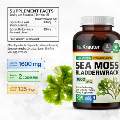 BIO KRAUTER® 2-in-1 Sea Moss for Thyroid Support - Vegan Bladderwrack & Sea Moss Capsules for Women & Men - Natural Сhondrus Сrispus Seaweed Supplement 1600 mg - 125 Days of Supply, Non-GMO - dailyvitalstore