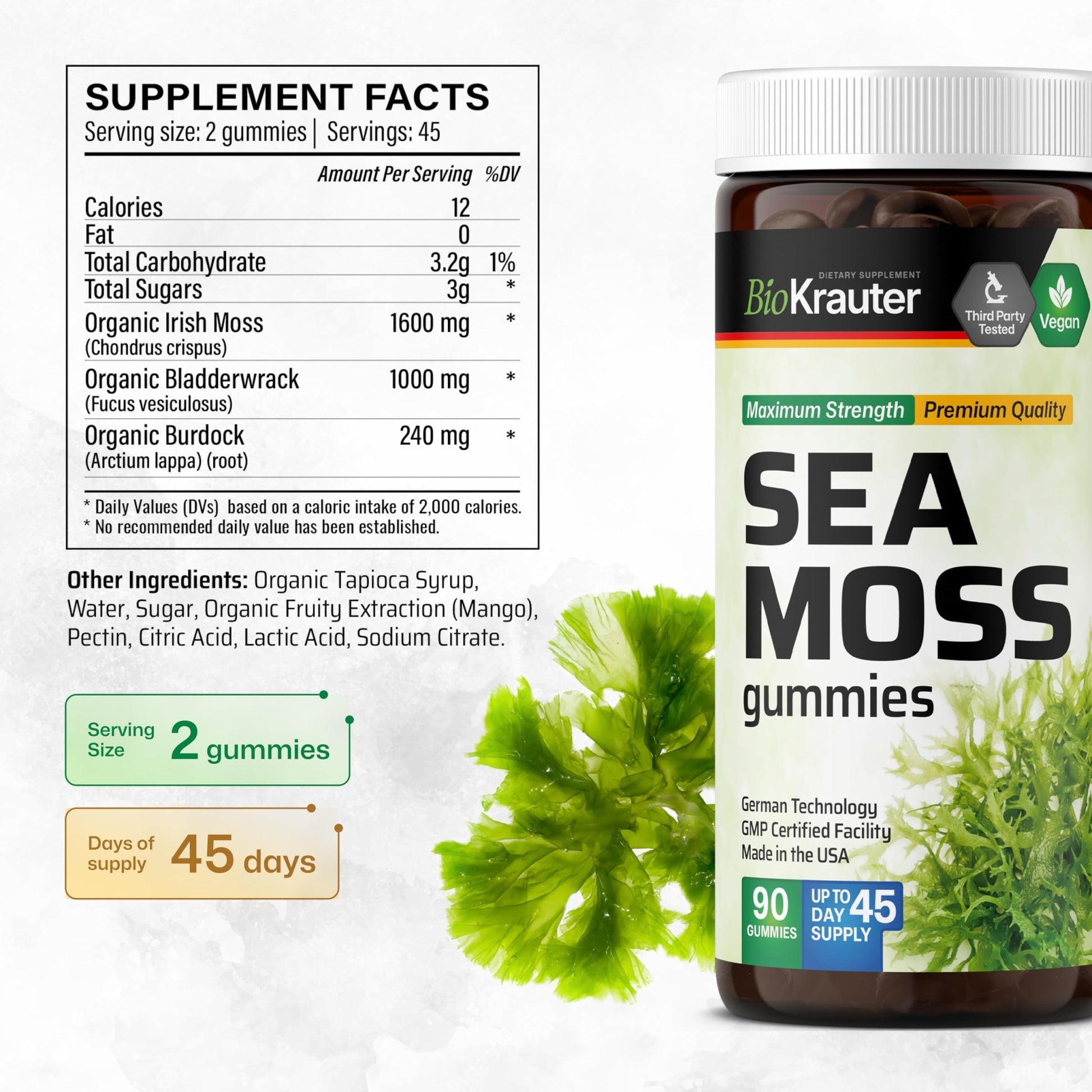 BIO KRAUTER® 3-in-1 Sea Moss for Thyroid Support - Vegan Sea Moss Gummies with Bladderwrack & Burdock Root for Women & Men - 90 Gummies Chondrus Crispus Formula, 45 Days of Supply, Mango Flavor - dailyvitalstore