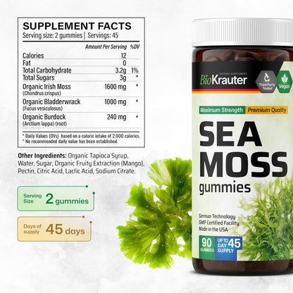 BIO KRAUTER® 3-in-1 Sea Moss for Thyroid Support - Vegan Sea Moss Gummies with Bladderwrack & Burdock Root for Women & Men - 90 Gummies Chondrus Crispus Formula, 45 Days of Supply, Mango Flavor - dailyvitalstore