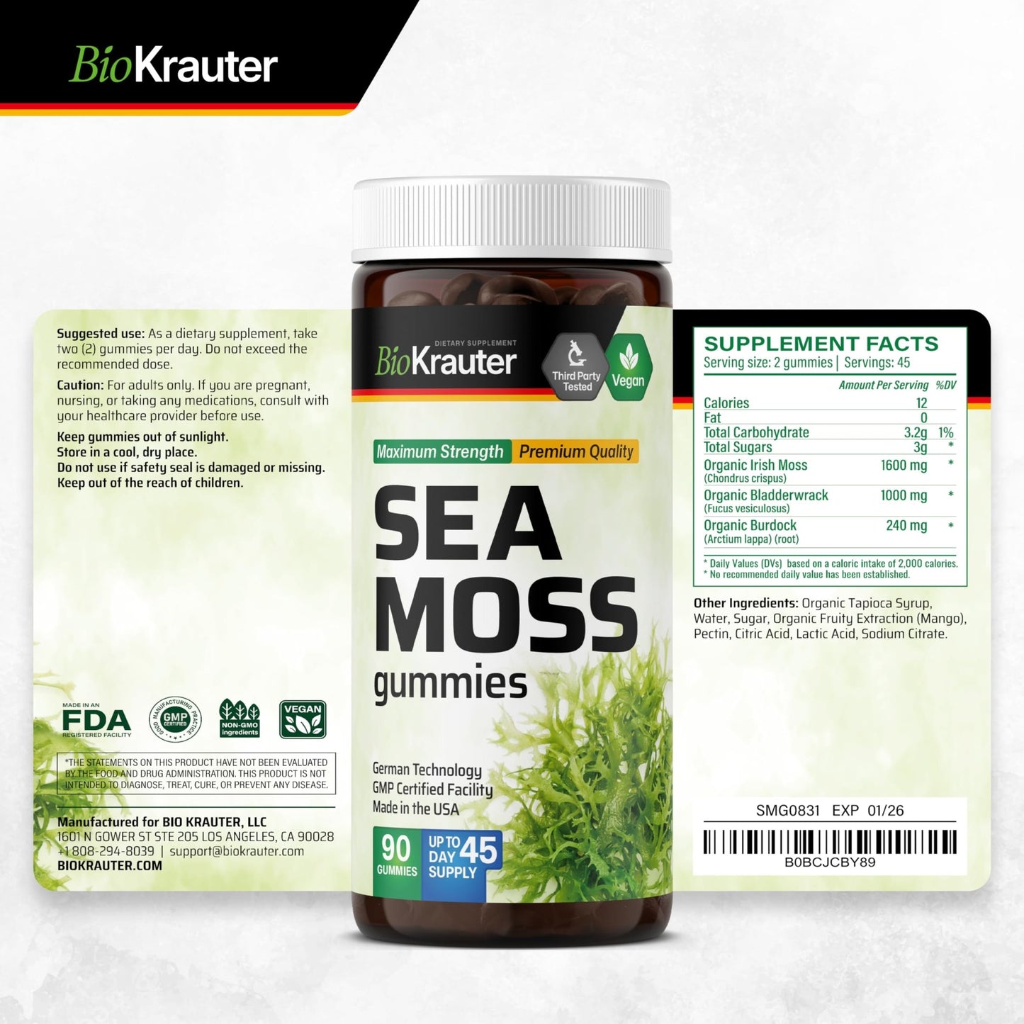BIO KRAUTER® 3-in-1 Sea Moss for Thyroid Support - Vegan Sea Moss Gummies with Bladderwrack & Burdock Root for Women & Men - 90 Gummies Chondrus Crispus Formula, 45 Days of Supply, Mango Flavor - dailyvitalstore