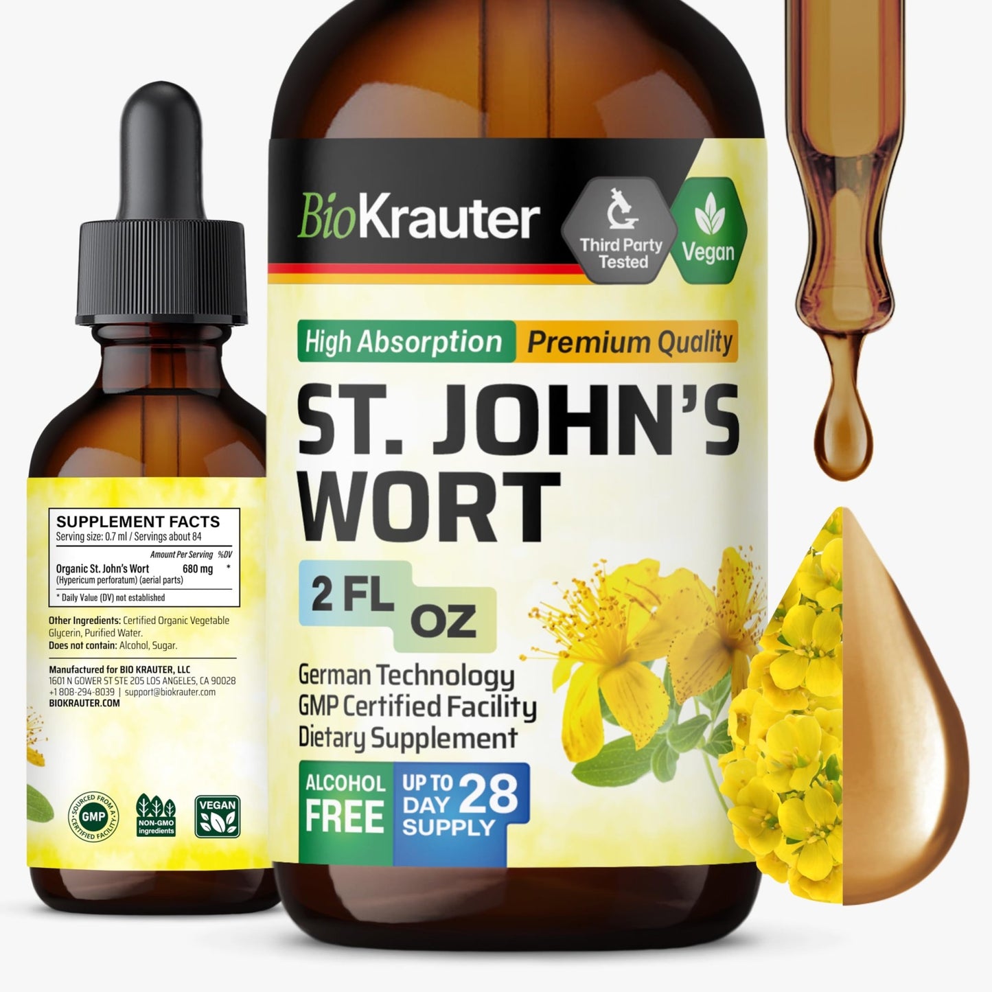 BIO KRAUTER® St Johns Wort for Calm & Mood Support - Vegan St. John's Wort for Relaxation & Emotional Wellness Support - Calm Drops 2 Fl.Oz., 28-Day Supply, Alcohol & Sugar Free Herbal Supplements - dailyvitalstore