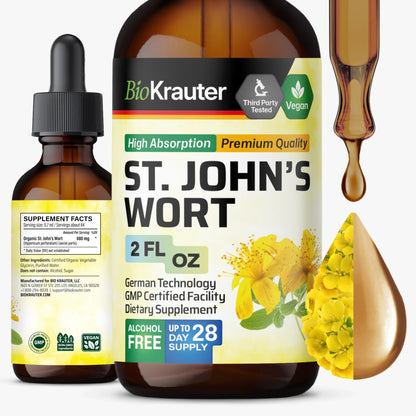 BIO KRAUTER® St Johns Wort for Calm & Mood Support - Vegan St. John's Wort for Relaxation & Emotional Wellness Support - Calm Drops 2 Fl.Oz., 28-Day Supply, Alcohol & Sugar Free Herbal Supplements - dailyvitalstore