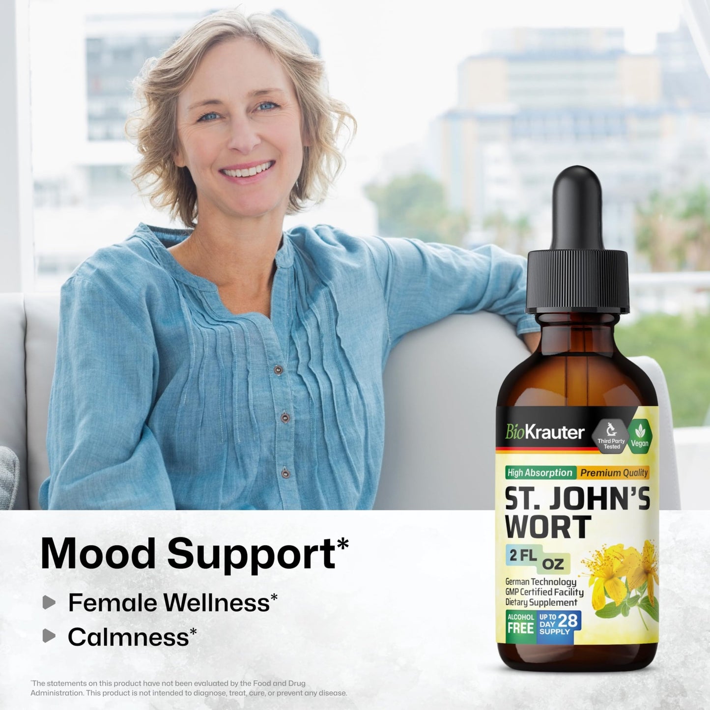 BIO KRAUTER® St Johns Wort for Calm & Mood Support - Vegan St. John's Wort for Relaxation & Emotional Wellness Support - Calm Drops 2 Fl.Oz., 28-Day Supply, Alcohol & Sugar Free Herbal Supplements - dailyvitalstore