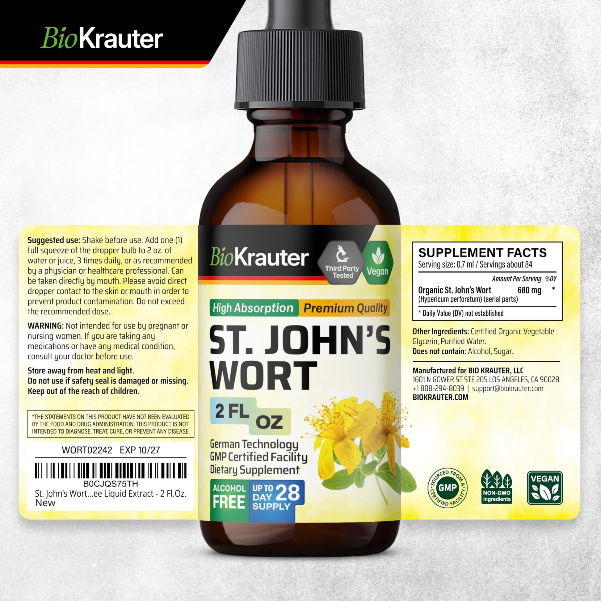 BIO KRAUTER® St Johns Wort for Calm & Mood Support - Vegan St. John's Wort for Relaxation & Emotional Wellness Support - Calm Drops 2 Fl.Oz., 28-Day Supply, Alcohol & Sugar Free Herbal Supplements - dailyvitalstore