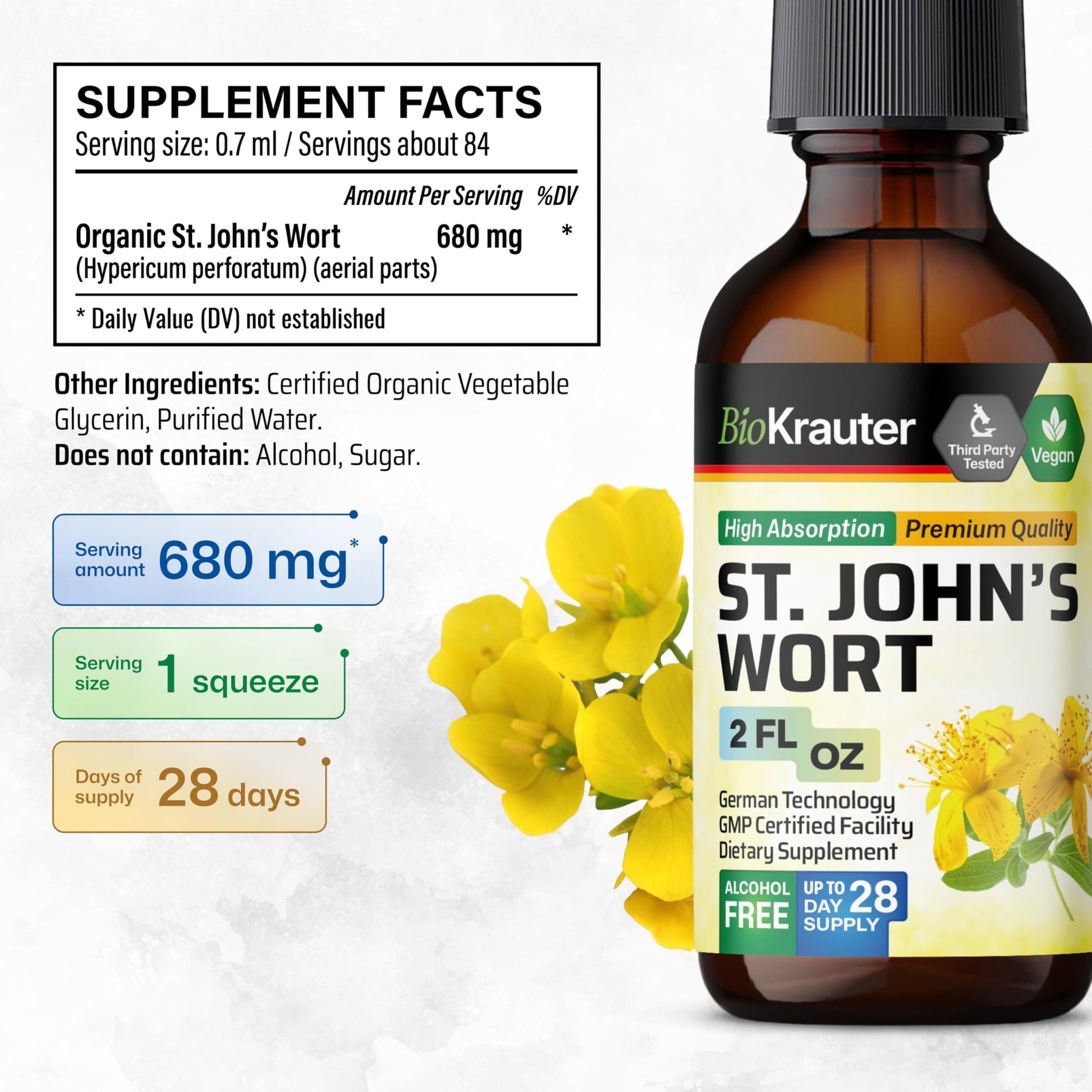 BIO KRAUTER® St Johns Wort for Calm & Mood Support - Vegan St. John's Wort for Relaxation & Emotional Wellness Support - Calm Drops 2 Fl.Oz., 28-Day Supply, Alcohol & Sugar Free Herbal Supplements - dailyvitalstore