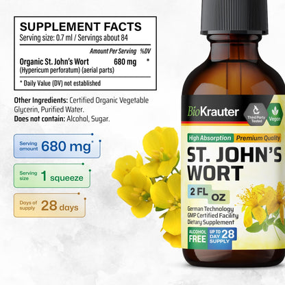 BIO KRAUTER® St Johns Wort for Calm & Mood Support - Vegan St. John's Wort for Relaxation & Emotional Wellness Support - Calm Drops 2 Fl.Oz., 28-Day Supply, Alcohol & Sugar Free Herbal Supplements - dailyvitalstore