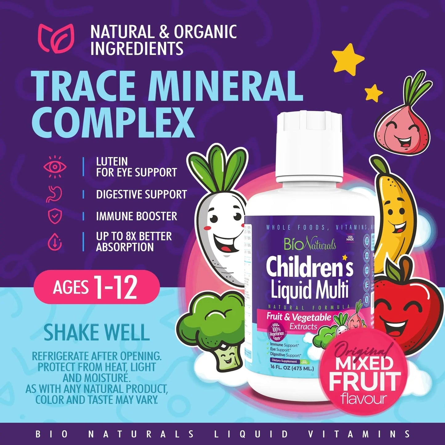 Bio Naturals Children's Liquid Multivitamin & Immune Booster - Natural Supplement for Kids & Toddlers with Vitamins A B C D3 E, Fiber - dailyvitalstore