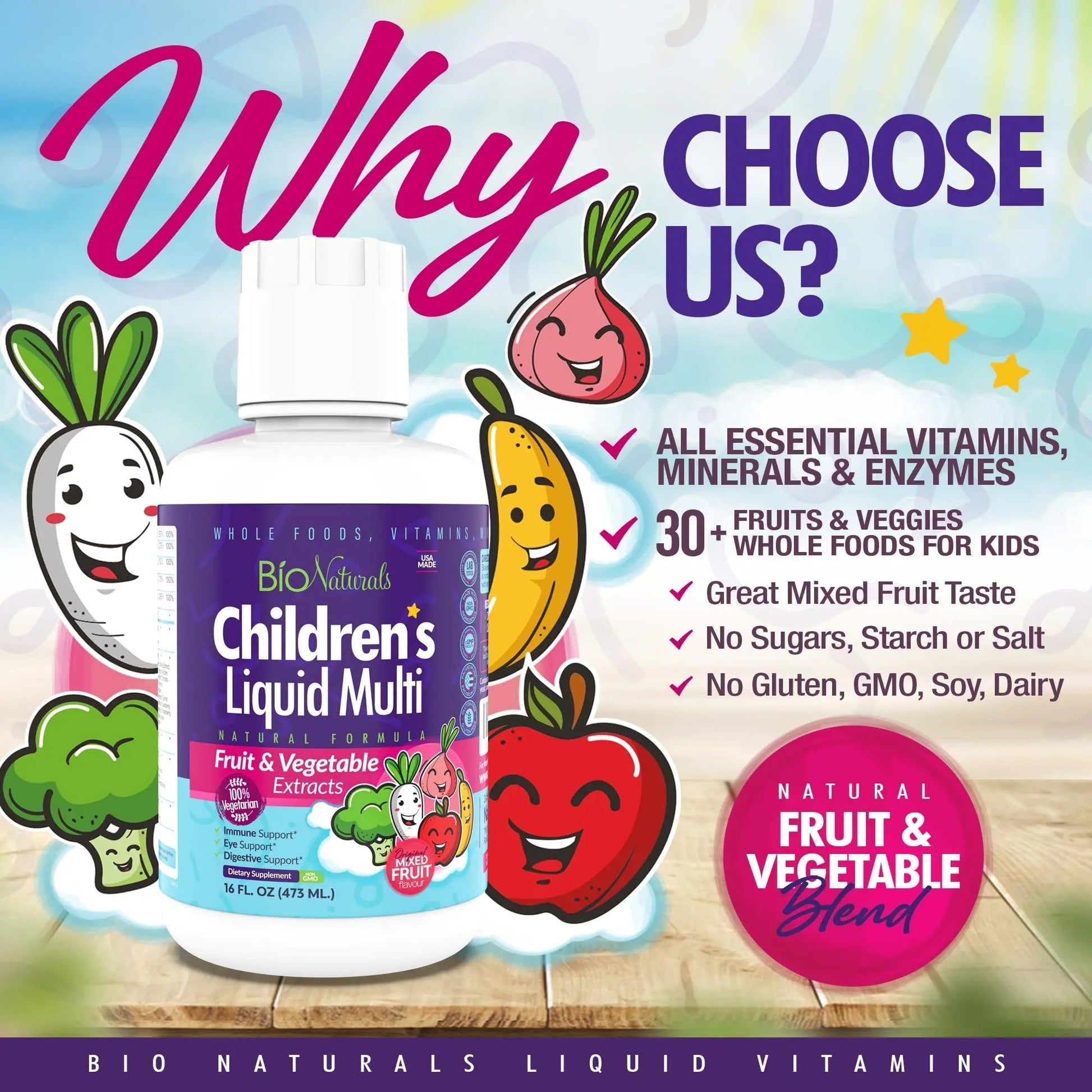 Bio Naturals Children's Liquid Multivitamin & Immune Booster - Natural Supplement for Kids & Toddlers with Vitamins A B C D3 E, Fiber - dailyvitalstore