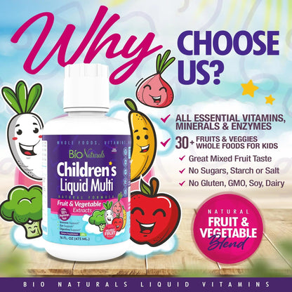 Bio Naturals Children's Liquid Multivitamin & Immune Booster - Natural Supplement for Kids & Toddlers with Vitamins A B C D3 E, Fiber - dailyvitalstore