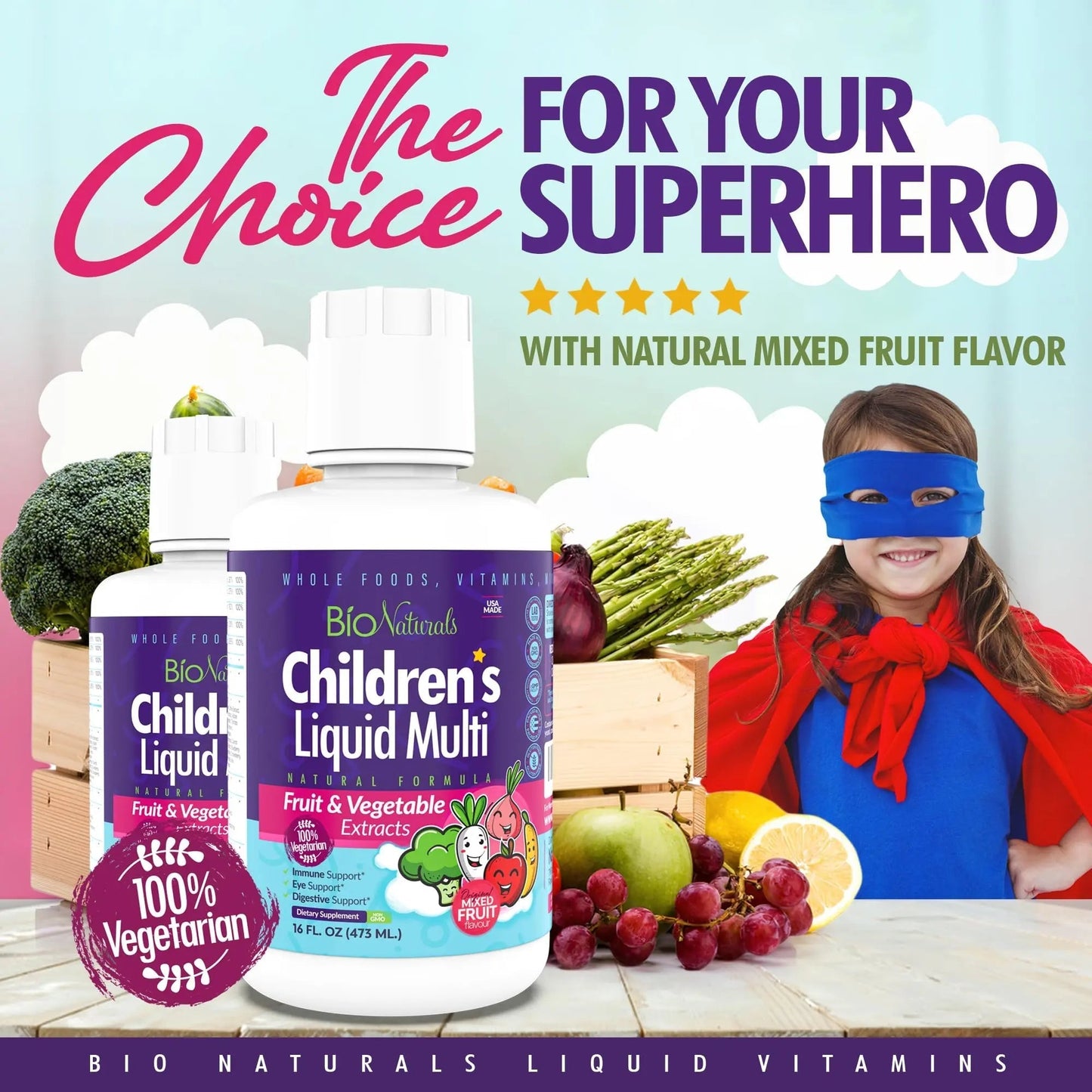 Bio Naturals Children's Liquid Multivitamin & Immune Booster - Natural Supplement for Kids & Toddlers with Vitamins A B C D3 E, Fiber - dailyvitalstore